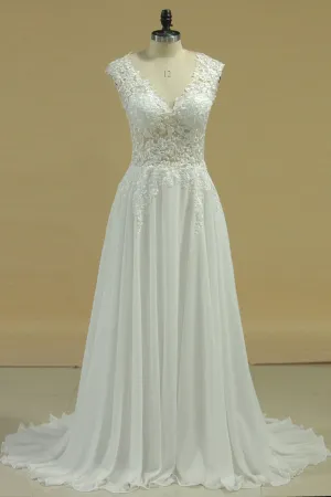 2024 A Line V Neck Prom Dresses Chiffon With Applique