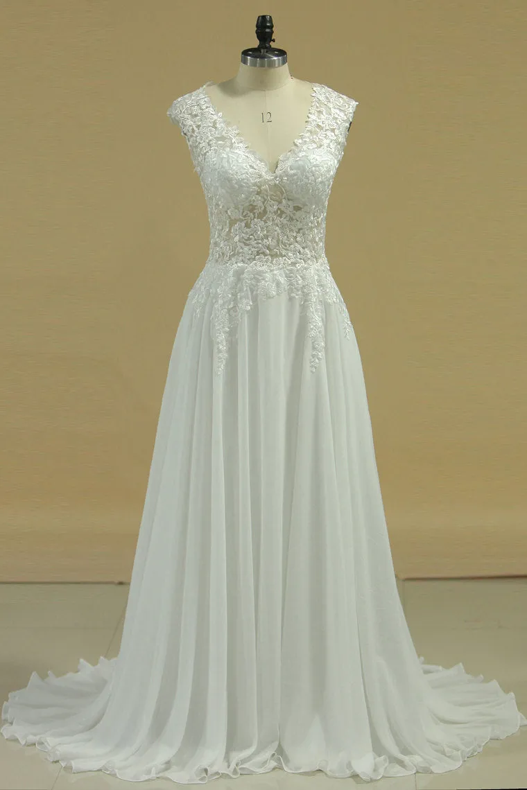 2024 A Line V Neck Prom Dresses Chiffon With Applique