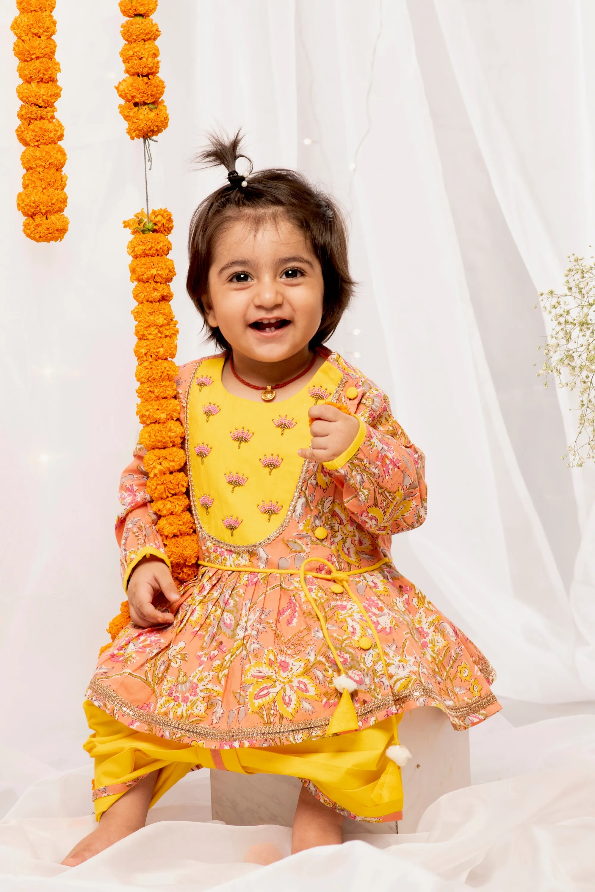 Baby Girl Peach Printed Floral Angrakha Set