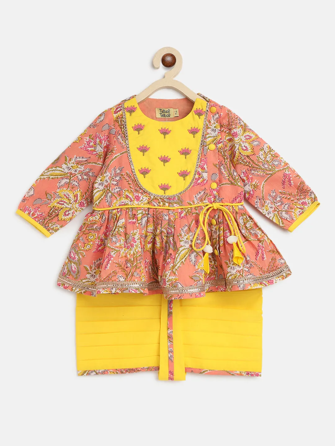 Baby Girl Peach Printed Floral Angrakha Set