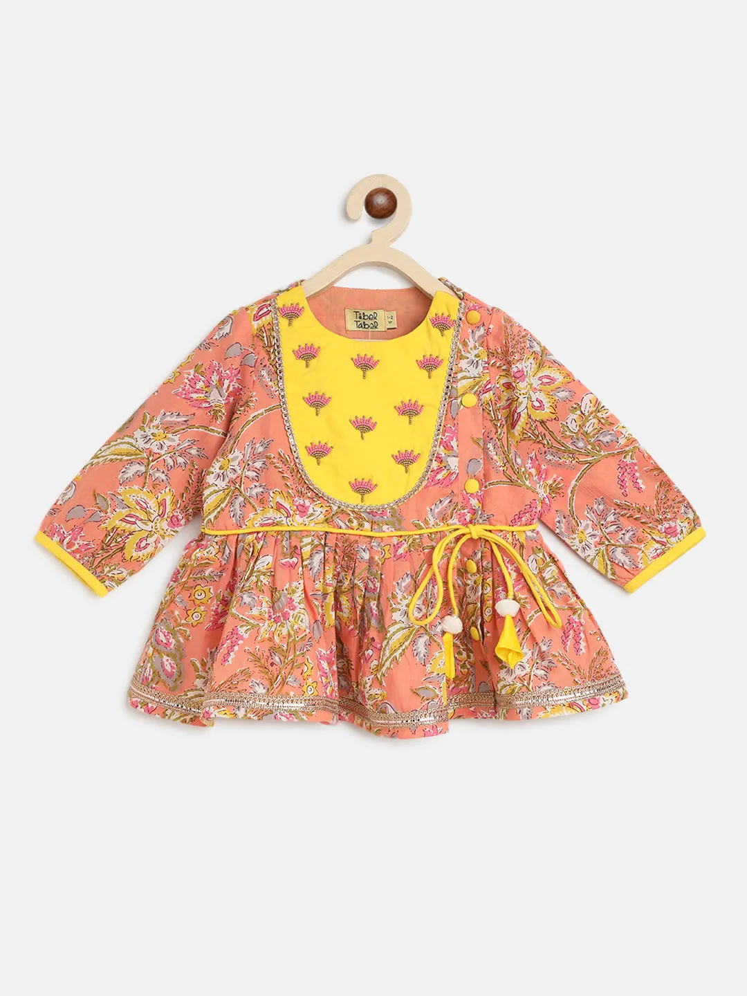 Baby Girl Peach Printed Floral Angrakha Set