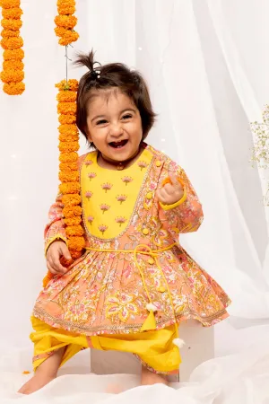 Baby Girl Peach Printed Floral Angrakha Set