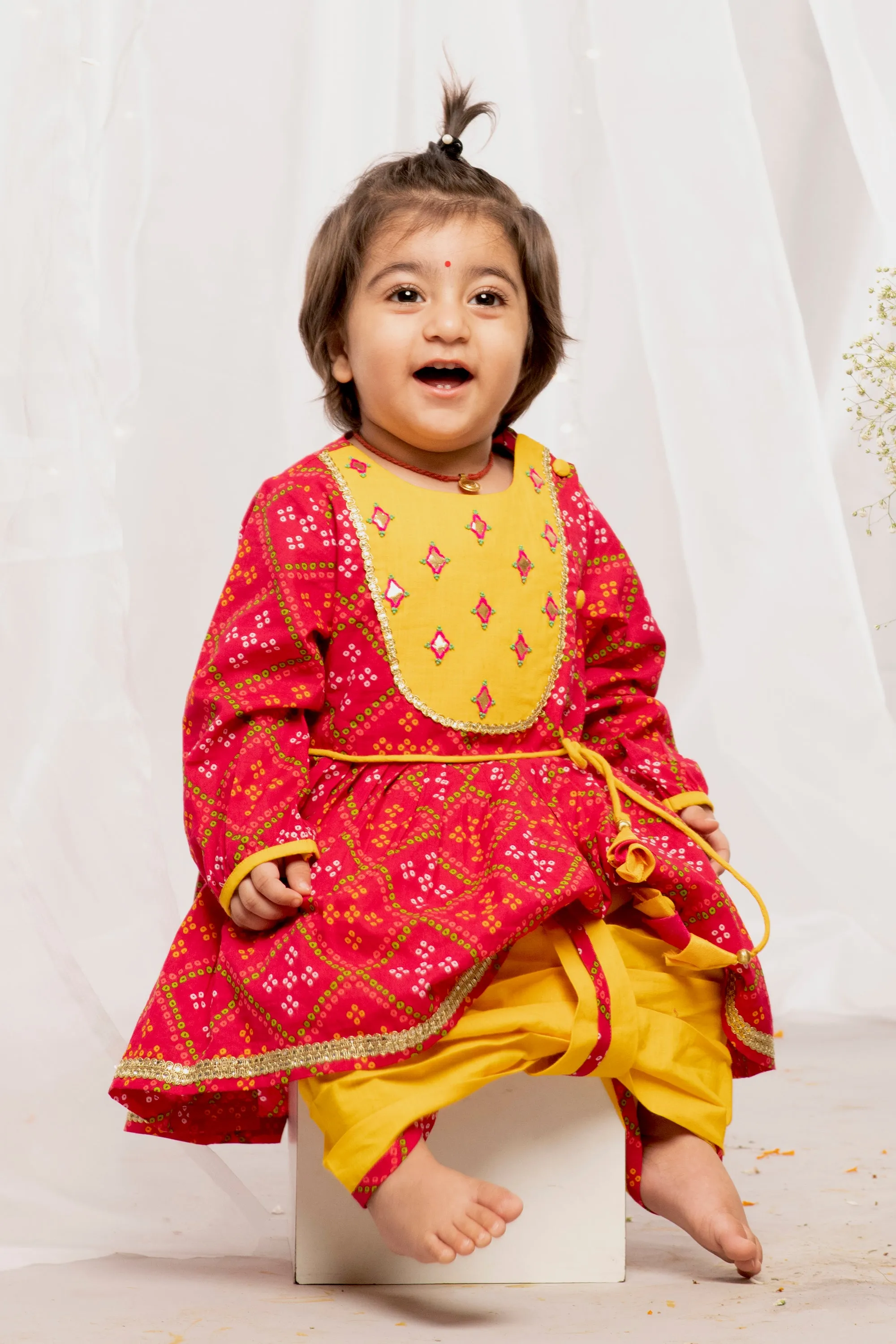Baby Girl Pink Printed Bandhani Angrakha Set