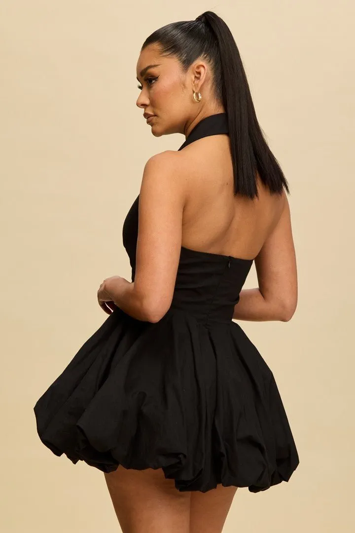 Black Linen Tie Front Bubble Mini Dress