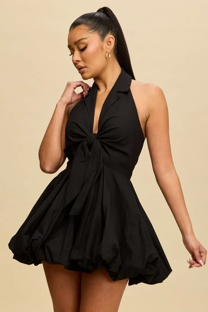 Black Linen Tie Front Bubble Mini Dress