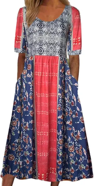 Boho Dress for Women Floral Print Crewneck Short Sleeve Tiered Pleated Long Sundresses Summer Casual Loose Dresses