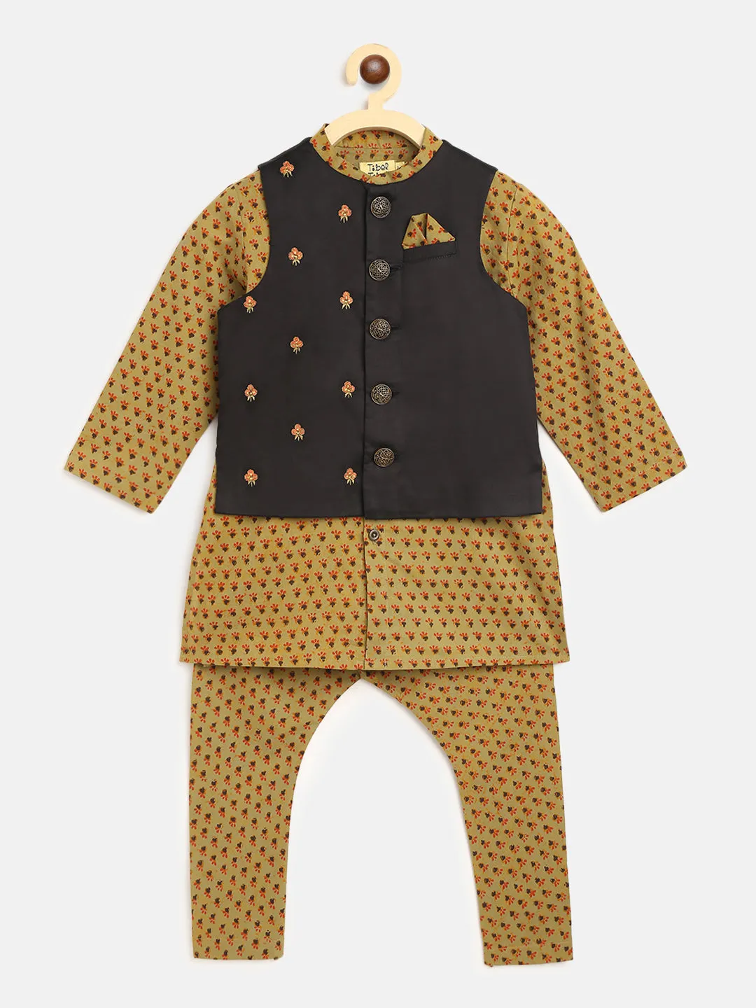 Boys Black Printed Buti Bundi Kurta Set