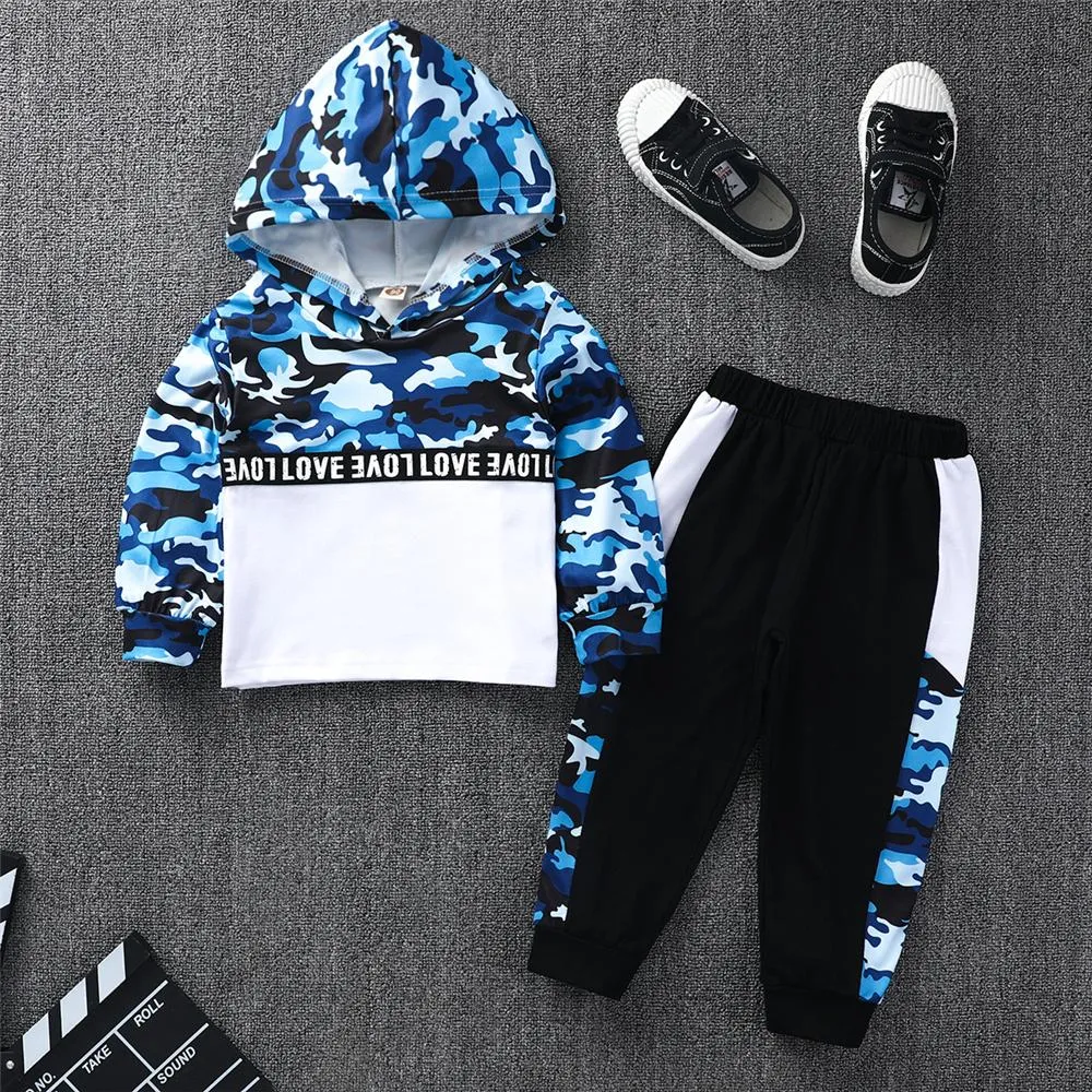Boys Camo Letter Printed Hooded Top & Pants Boy Wholesale Clothing