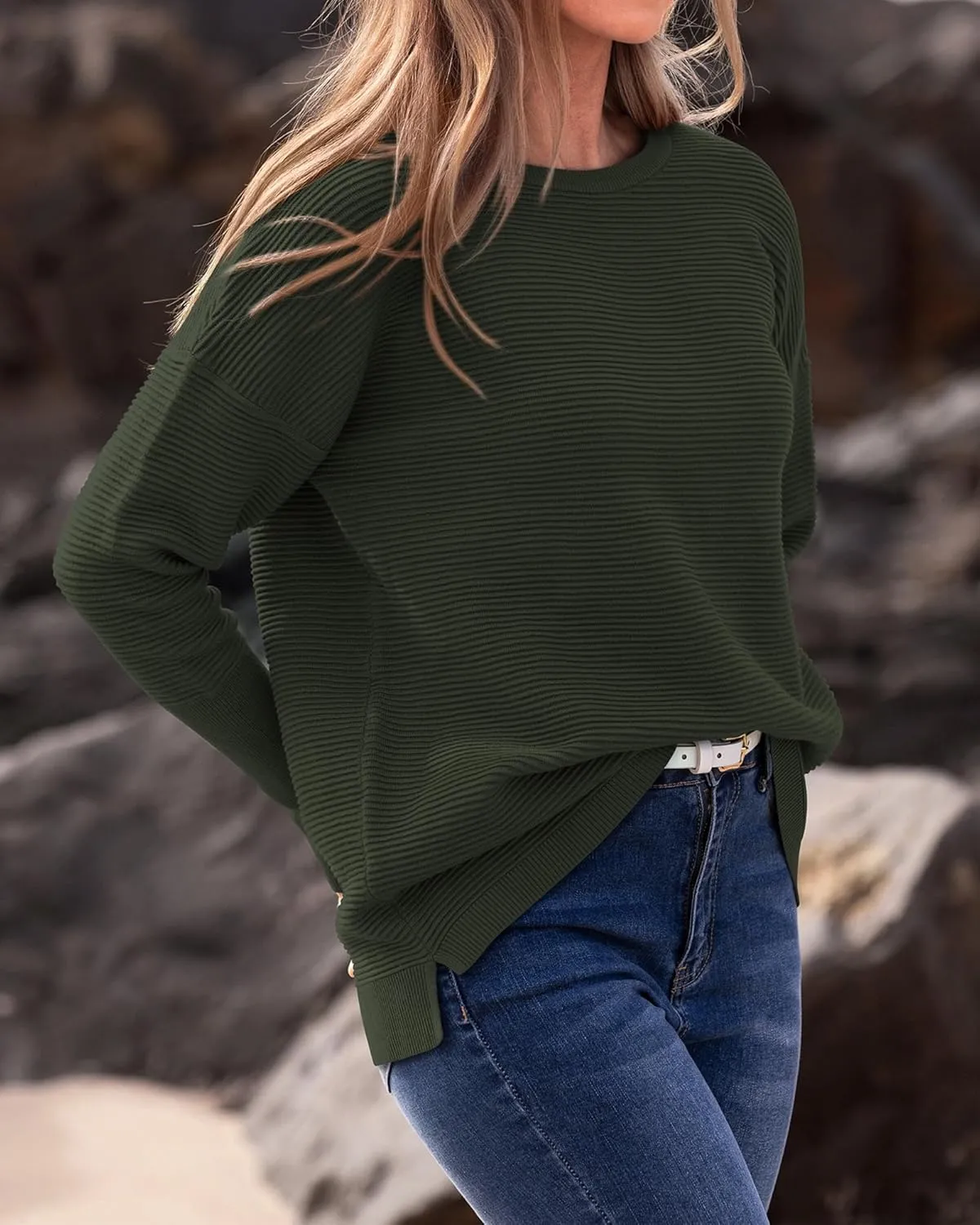 BTFBM Casual Women 2025 Fall Sweater Long Sleeve Ribbed Knit Pullover Loose Crewneck Batwing Split Sweater
