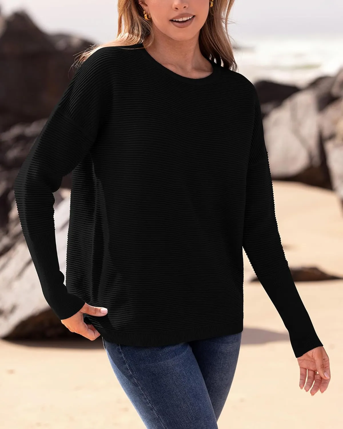 BTFBM Casual Women 2025 Fall Sweater Long Sleeve Ribbed Knit Pullover Loose Crewneck Batwing Split Sweater