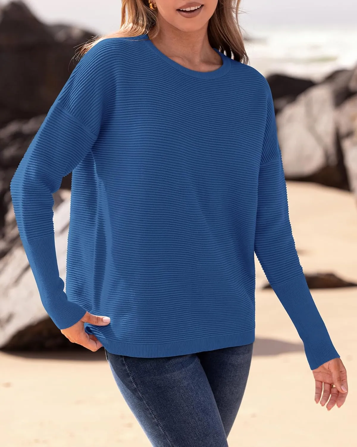 BTFBM Casual Women 2025 Fall Sweater Long Sleeve Ribbed Knit Pullover Loose Crewneck Batwing Split Sweater