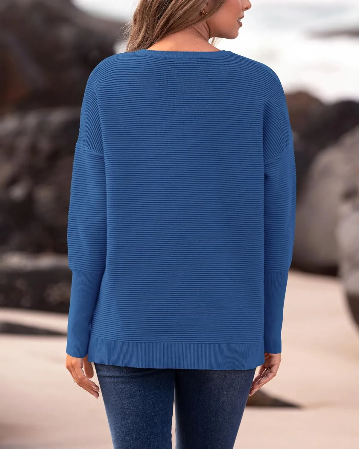 BTFBM Casual Women 2025 Fall Sweater Long Sleeve Ribbed Knit Pullover Loose Crewneck Batwing Split Sweater