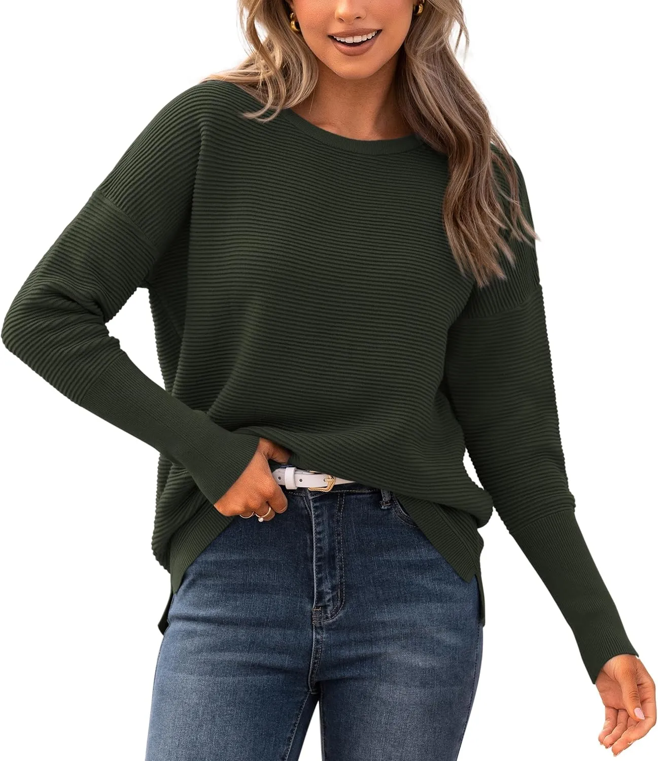 BTFBM Casual Women 2025 Fall Sweater Long Sleeve Ribbed Knit Pullover Loose Crewneck Batwing Split Sweater