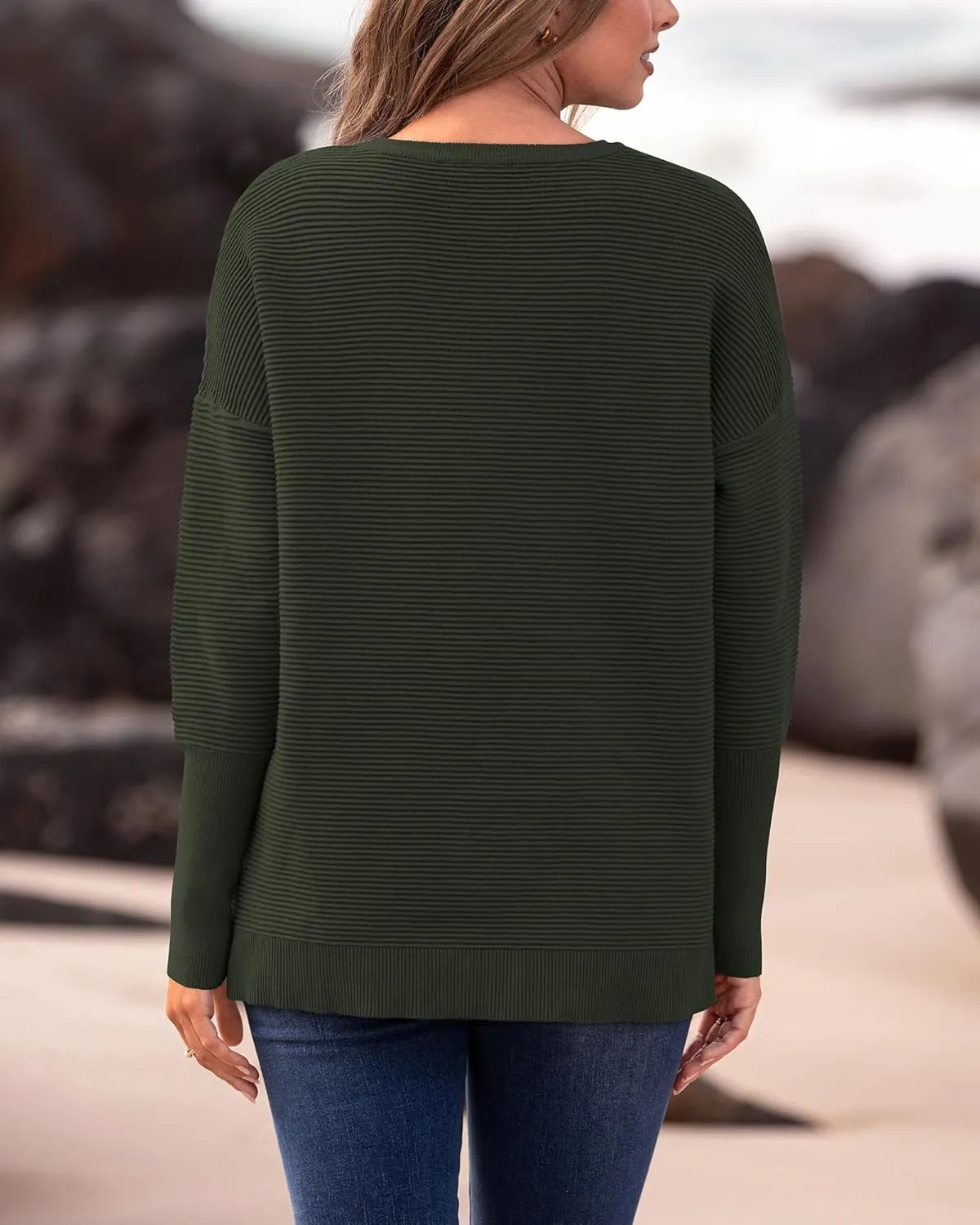 BTFBM Casual Women 2025 Fall Sweater Long Sleeve Ribbed Knit Pullover Loose Crewneck Batwing Split Sweater