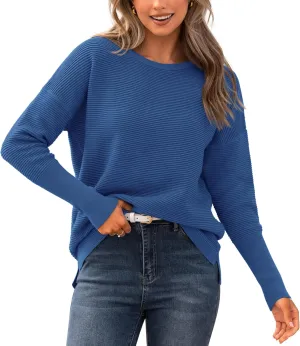 BTFBM Casual Women 2025 Fall Sweater Long Sleeve Ribbed Knit Pullover Loose Crewneck Batwing Split Sweater