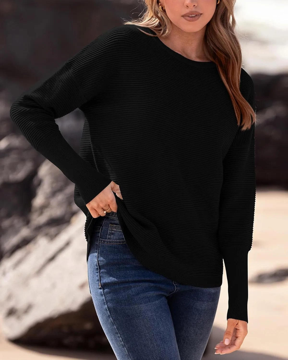 BTFBM Casual Women 2025 Fall Sweater Long Sleeve Ribbed Knit Pullover Loose Crewneck Batwing Split Sweater