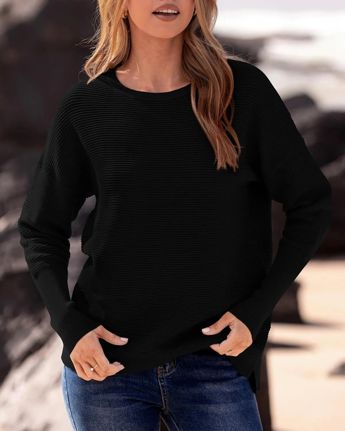 BTFBM Casual Women 2025 Fall Sweater Long Sleeve Ribbed Knit Pullover Loose Crewneck Batwing Split Sweater