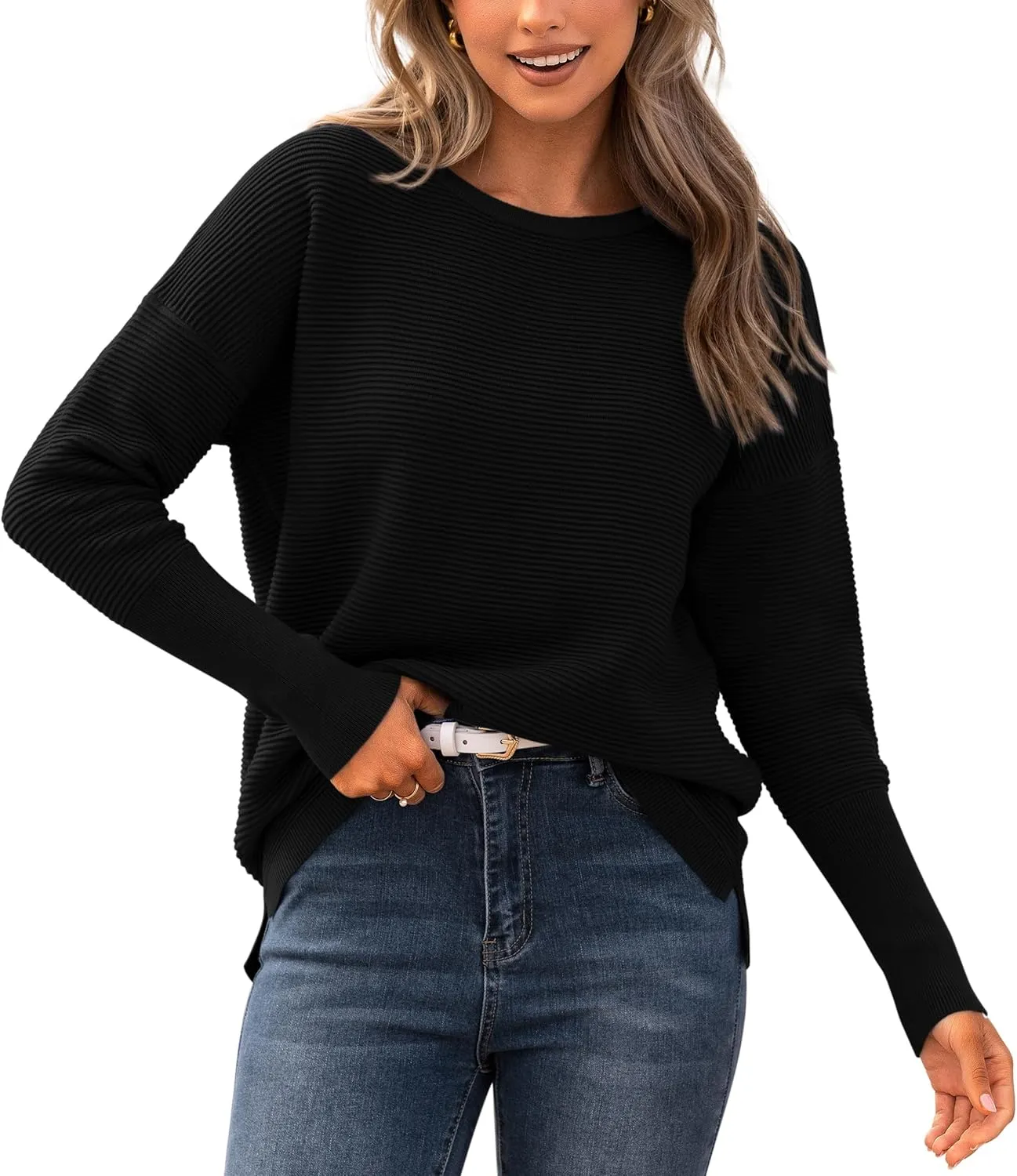 BTFBM Casual Women 2025 Fall Sweater Long Sleeve Ribbed Knit Pullover Loose Crewneck Batwing Split Sweater