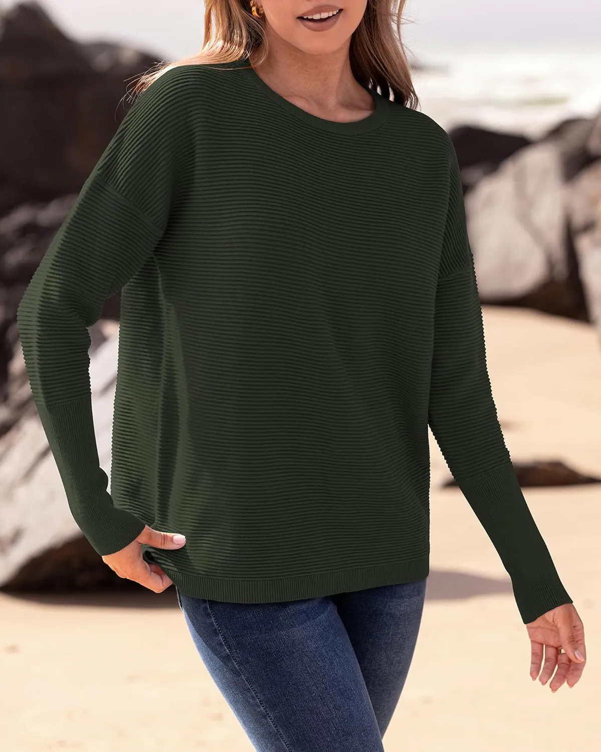 BTFBM Casual Women 2025 Fall Sweater Long Sleeve Ribbed Knit Pullover Loose Crewneck Batwing Split Sweater