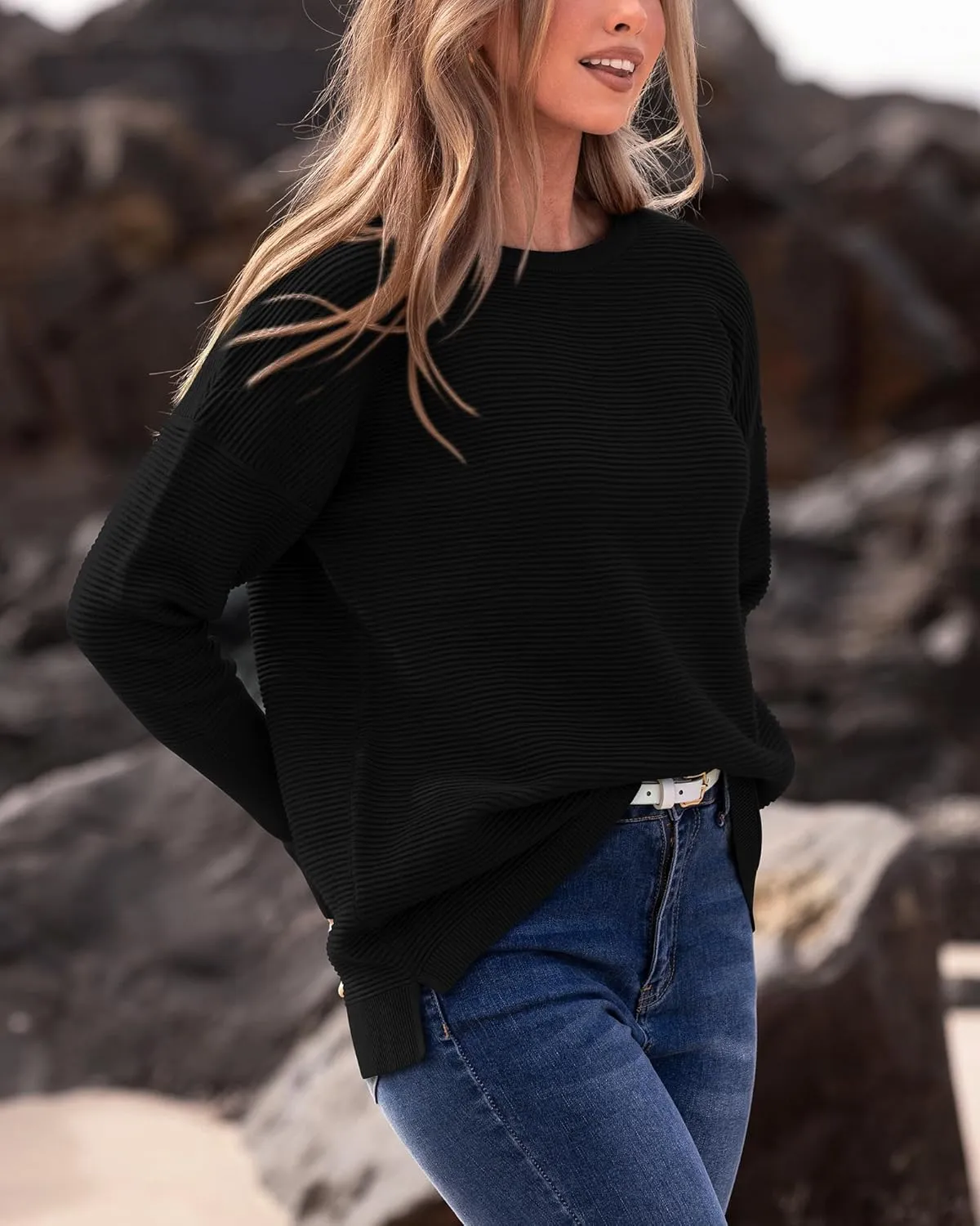 BTFBM Casual Women 2025 Fall Sweater Long Sleeve Ribbed Knit Pullover Loose Crewneck Batwing Split Sweater