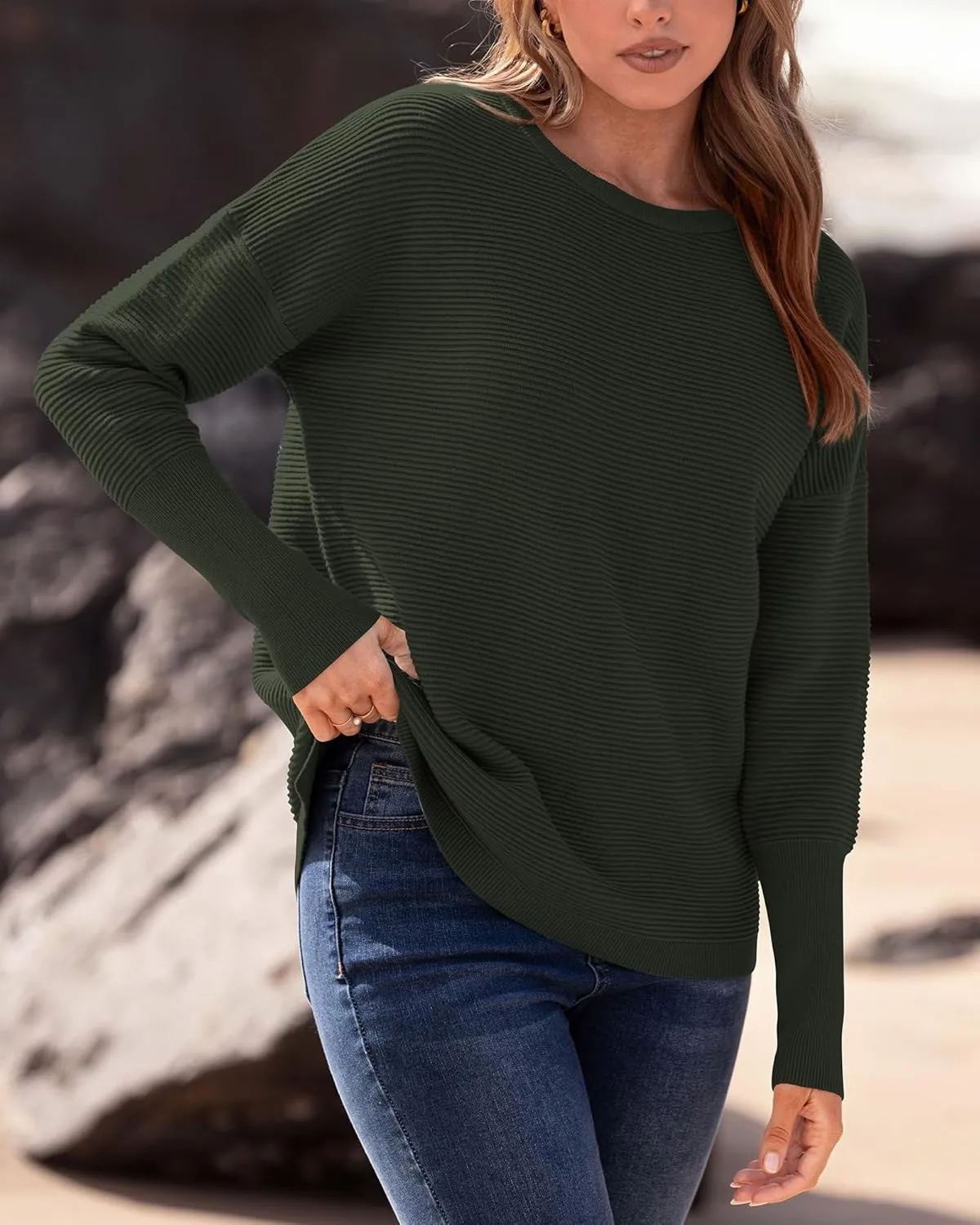 BTFBM Casual Women 2025 Fall Sweater Long Sleeve Ribbed Knit Pullover Loose Crewneck Batwing Split Sweater