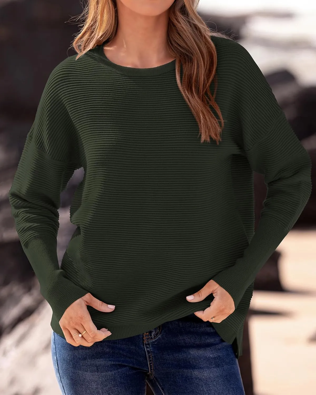 BTFBM Casual Women 2025 Fall Sweater Long Sleeve Ribbed Knit Pullover Loose Crewneck Batwing Split Sweater