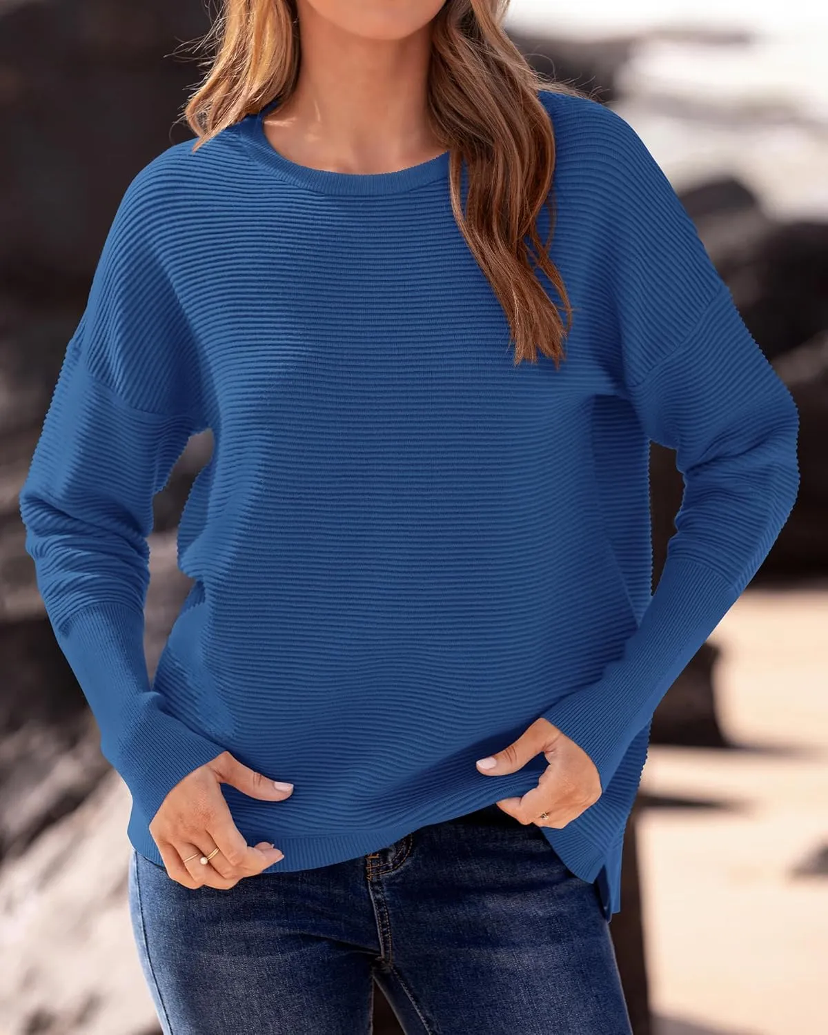 BTFBM Casual Women 2025 Fall Sweater Long Sleeve Ribbed Knit Pullover Loose Crewneck Batwing Split Sweater