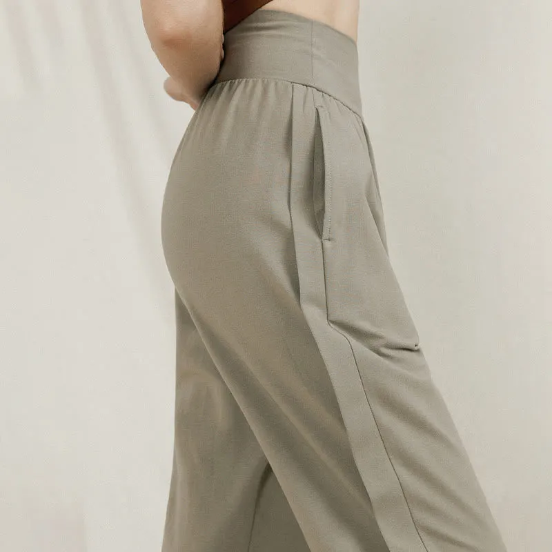 Buddha Stones Casual Plain High Waist Side Fold Quick Drying Women's Cotton Pants With Pockets