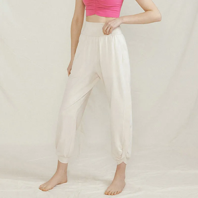 Buddha Stones Casual Plain High Waist Side Fold Quick Drying Women's Cotton Pants With Pockets
