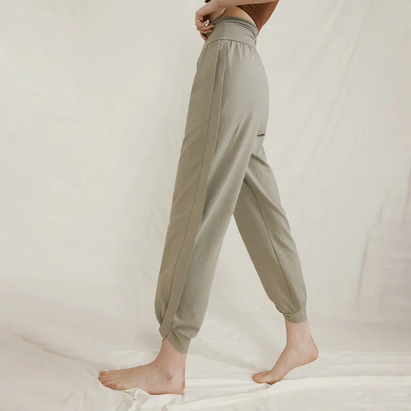 Buddha Stones Casual Plain High Waist Side Fold Quick Drying Women's Cotton Pants With Pockets