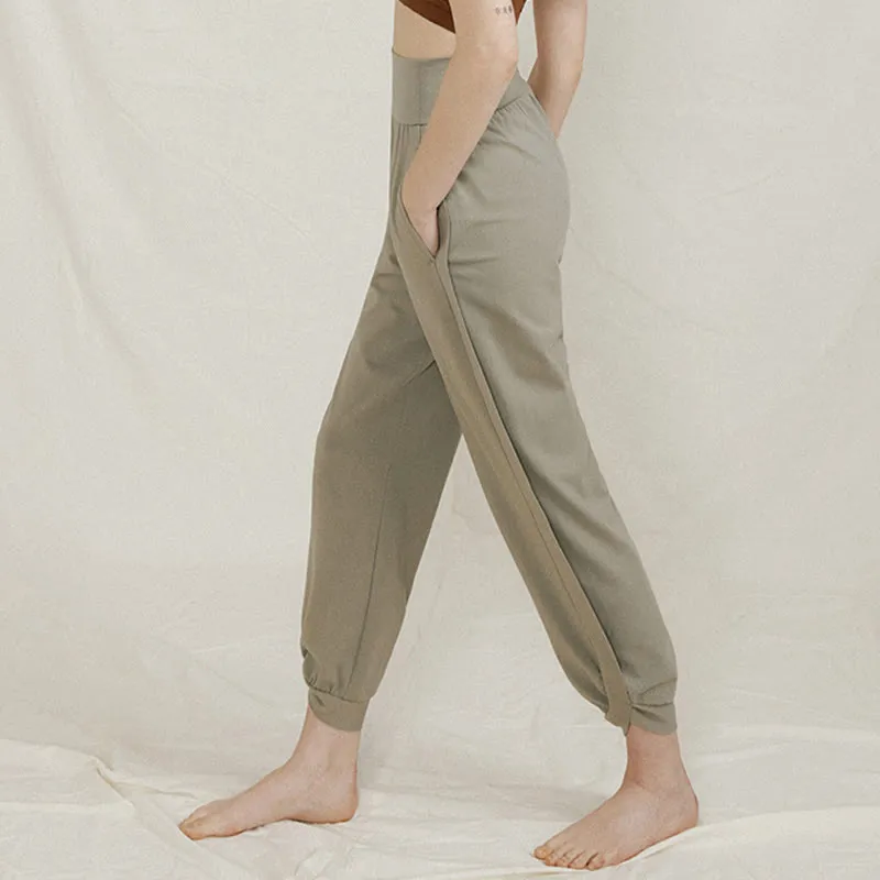 Buddha Stones Casual Plain High Waist Side Fold Quick Drying Women's Cotton Pants With Pockets