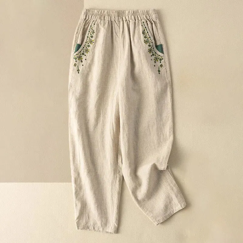 Buddha Stones Vintage Embroidery Elastic Waist Harem Pants With Pockets