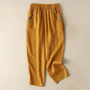 Buddha Stones Vintage Embroidery Elastic Waist Harem Pants With Pockets