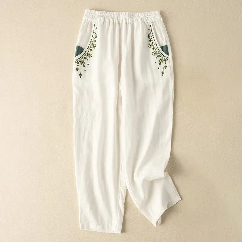 Buddha Stones Vintage Embroidery Elastic Waist Harem Pants With Pockets