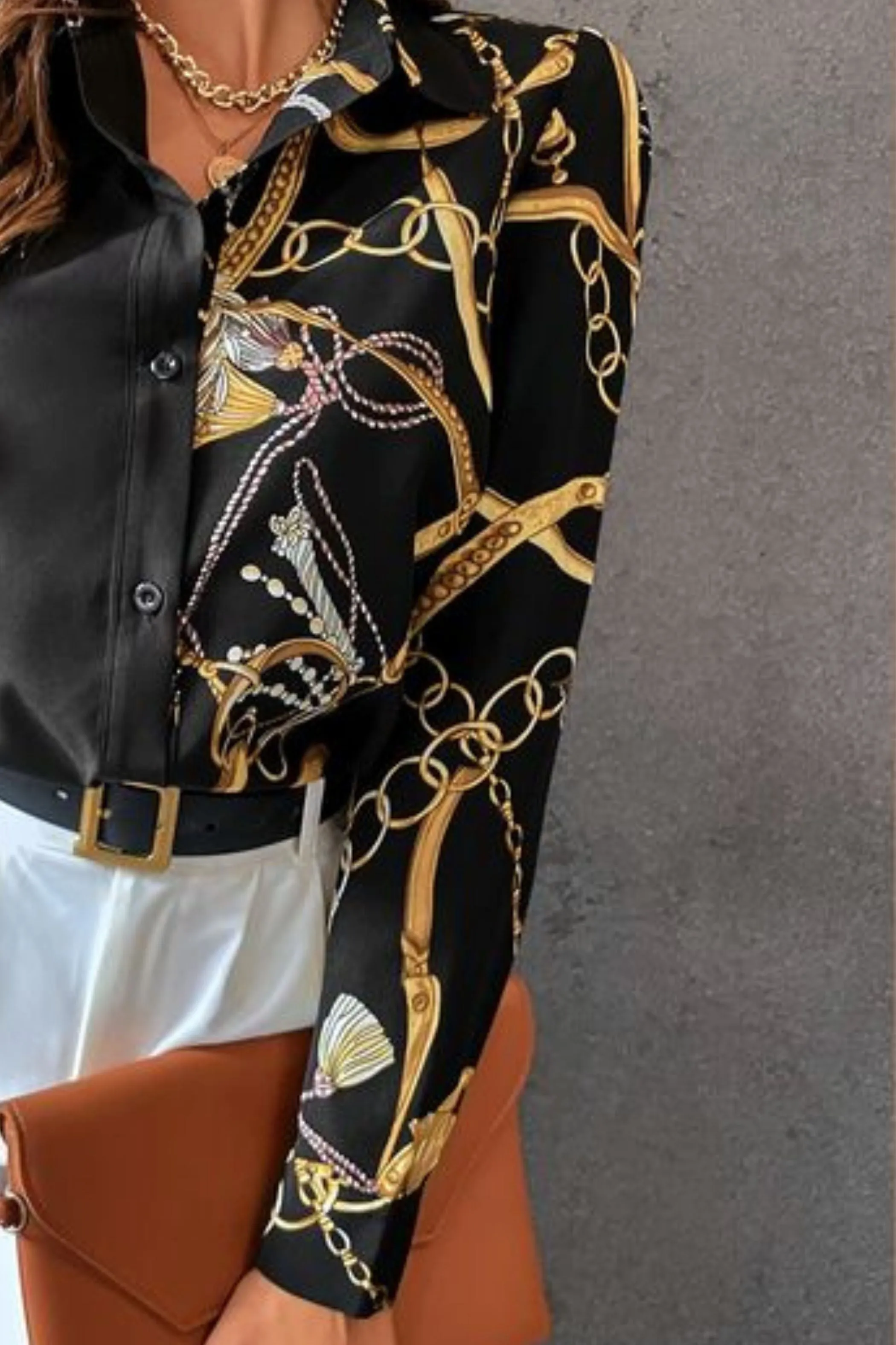 CHAIN PRINT PUFF SLEEVE SATIN SHIRT