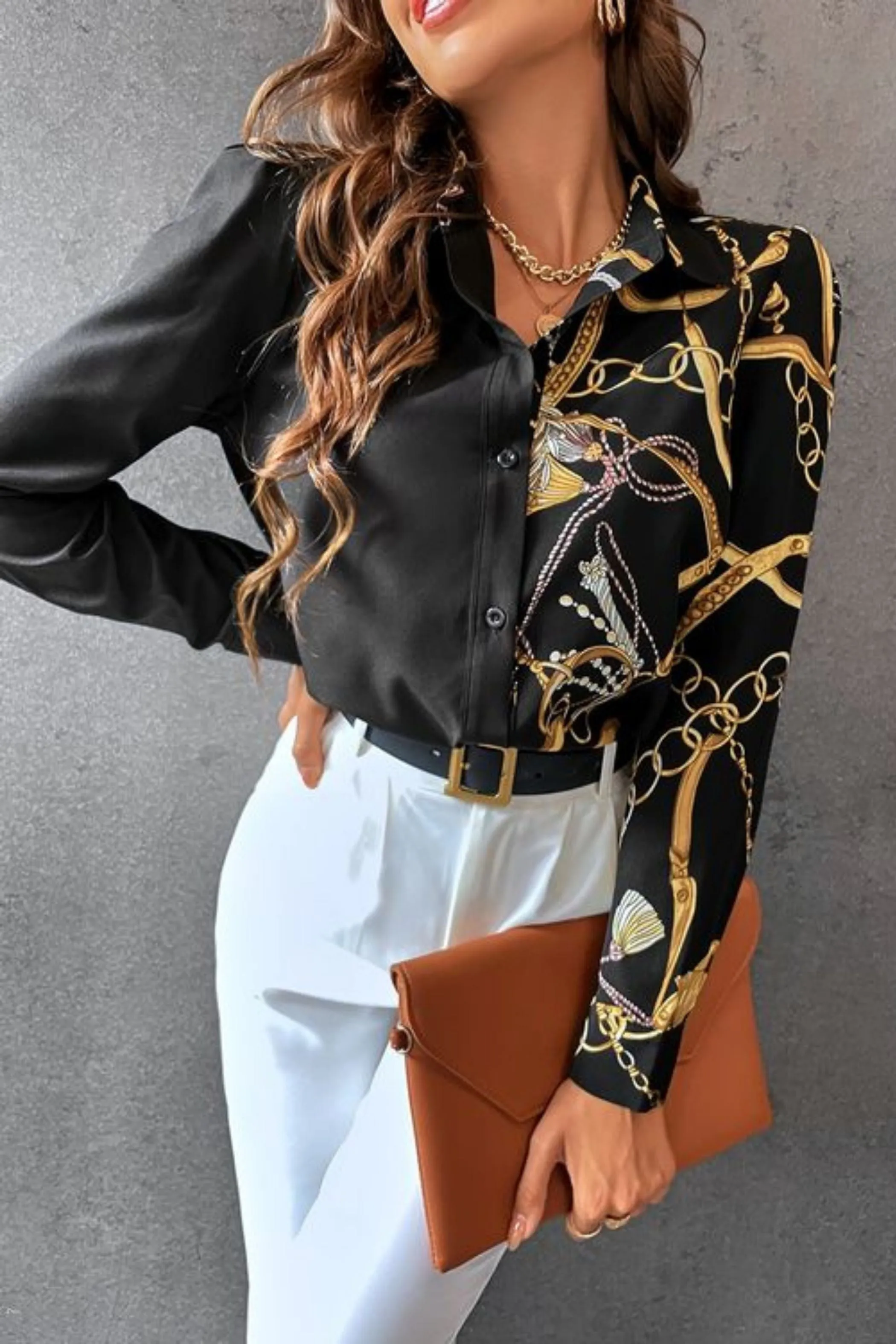 CHAIN PRINT PUFF SLEEVE SATIN SHIRT