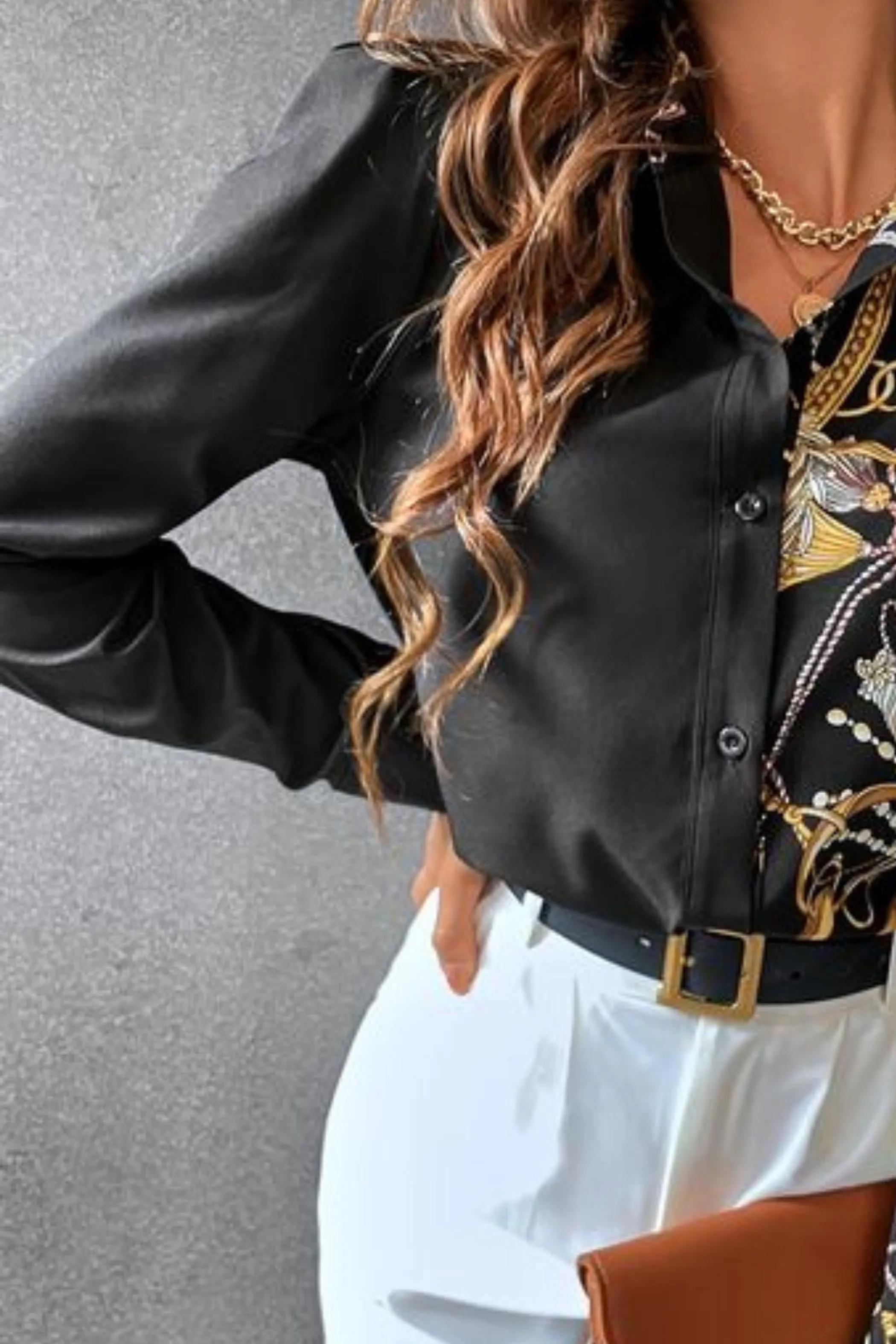 CHAIN PRINT PUFF SLEEVE SATIN SHIRT
