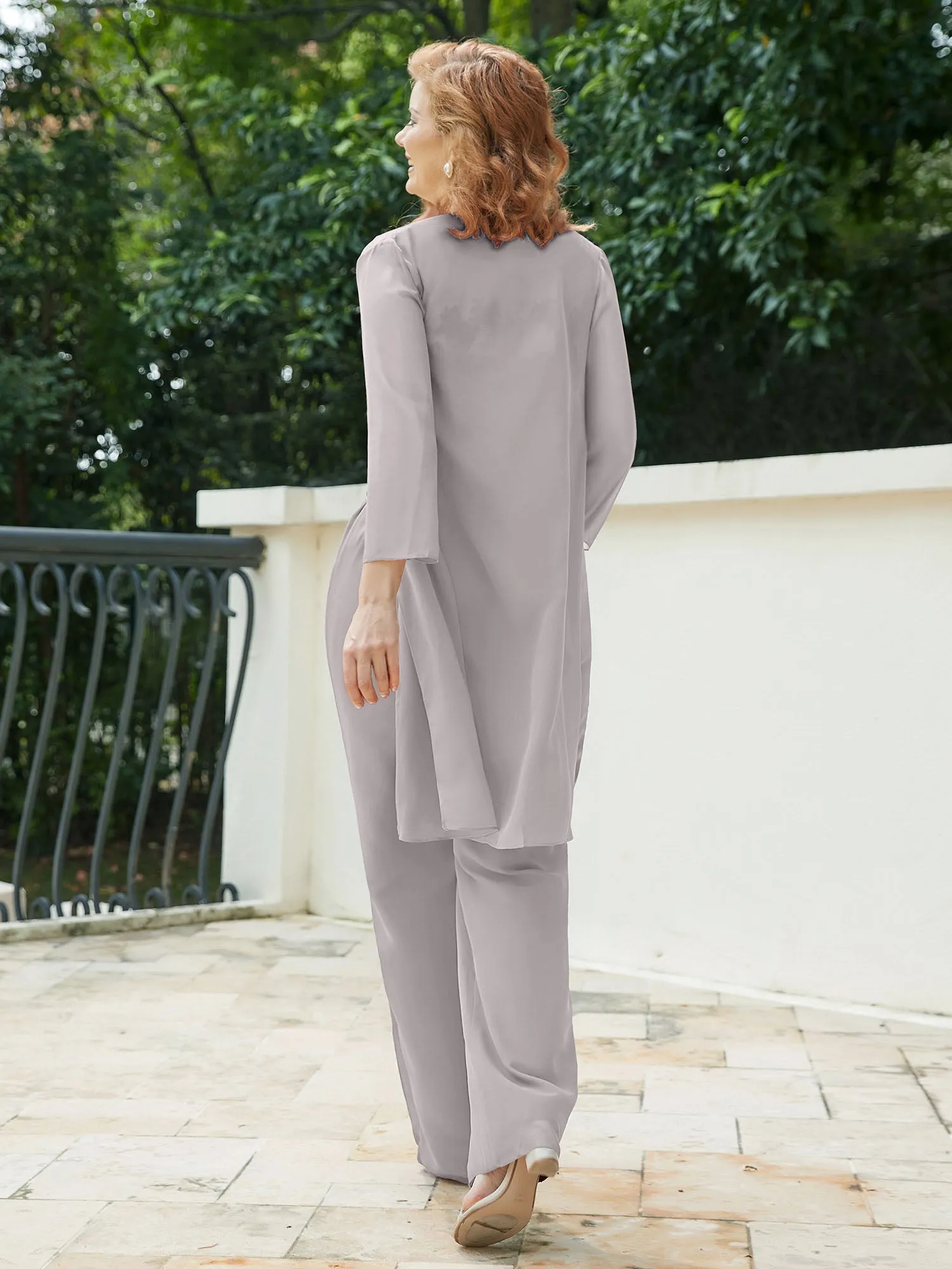 Chic Lace Top Pant Suit with Jacket Silver