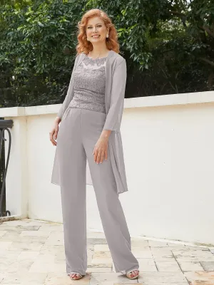 Chic Lace Top Pant Suit with Jacket Silver