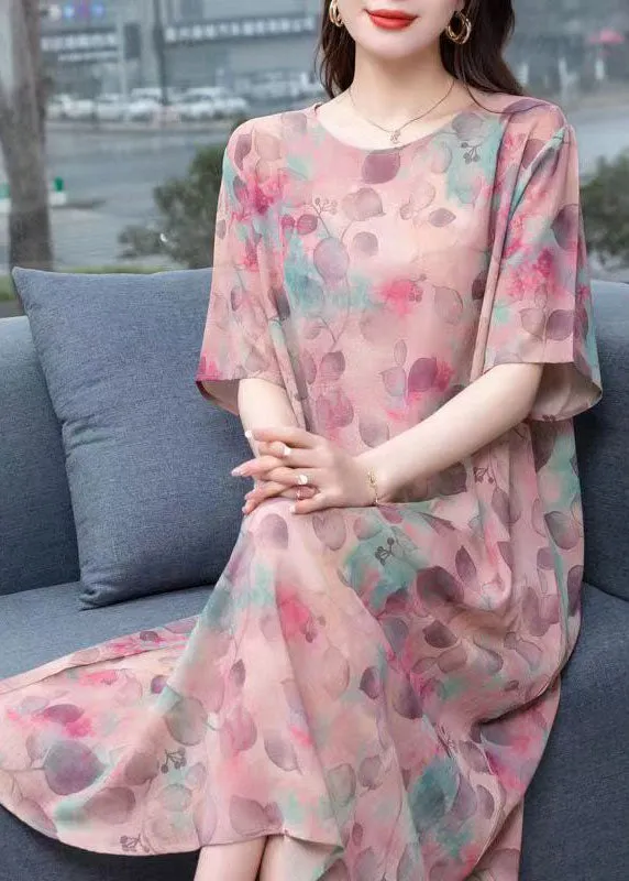 Chic light Purple O-Neck Print Patchwork Chiffon Dresses Summer LY6490