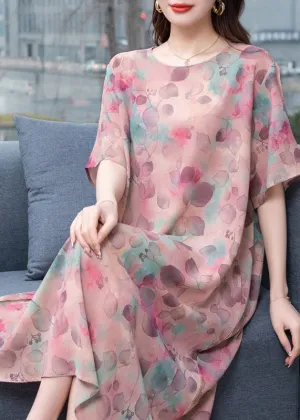 Chic light Purple O-Neck Print Patchwork Chiffon Dresses Summer LY6490