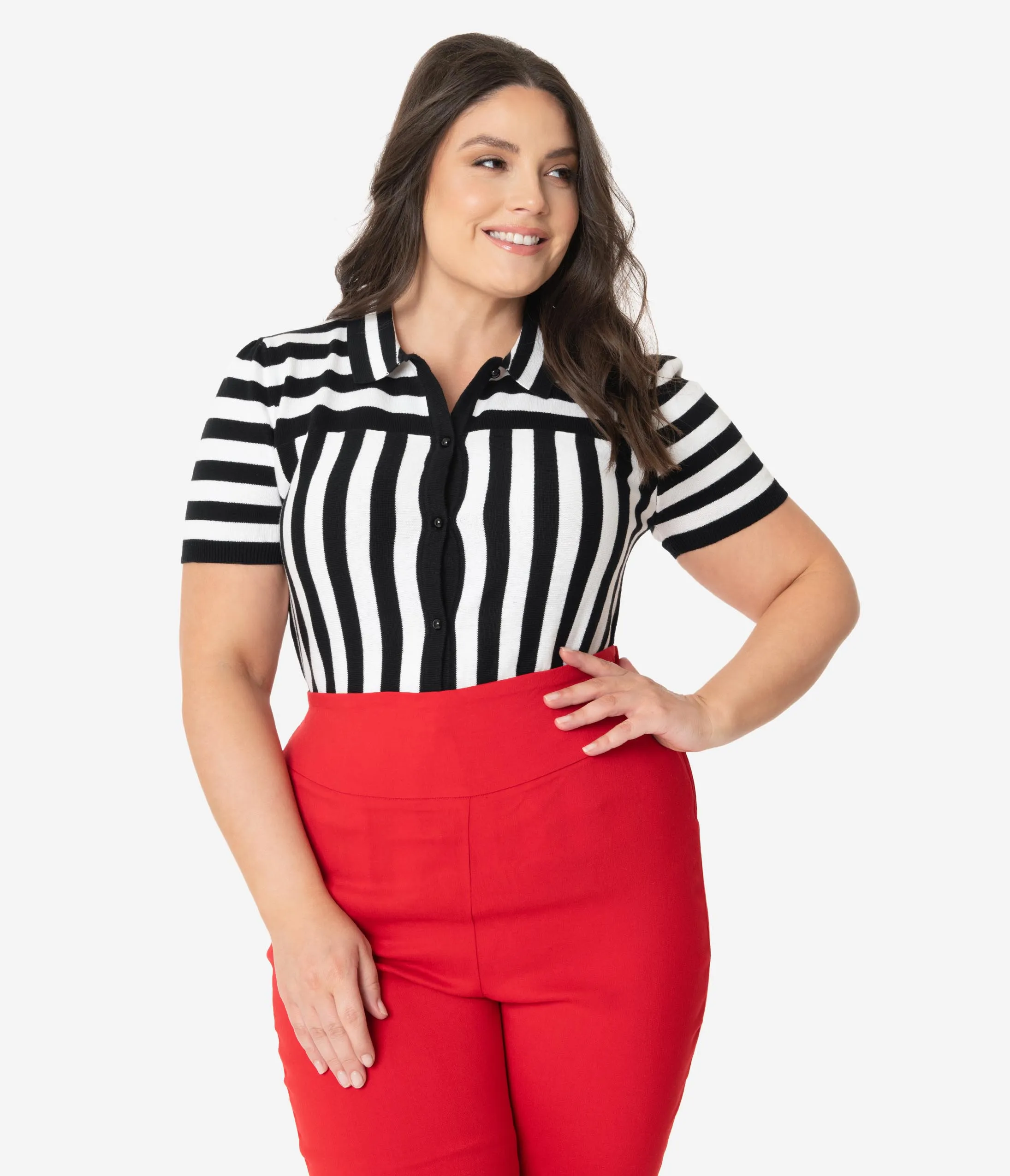 Collectif Plus Size Black & White Short Sleeve Lailie Striped Cardigan