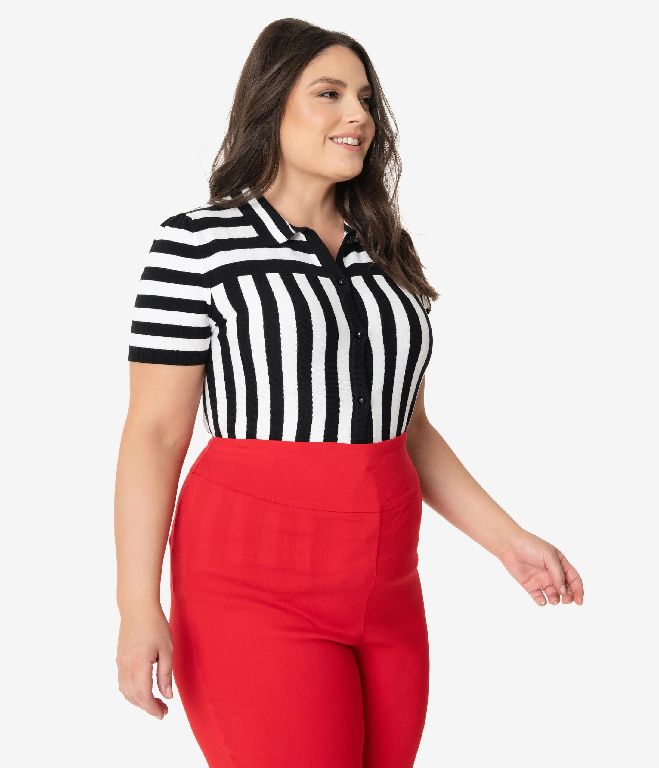 Collectif Plus Size Black & White Short Sleeve Lailie Striped Cardigan