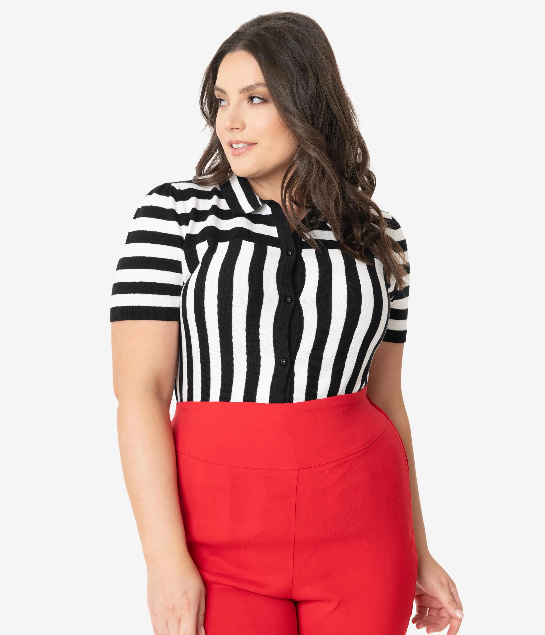 Collectif Plus Size Black & White Short Sleeve Lailie Striped Cardigan