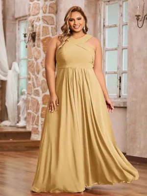 Cross Shoulder Strap Chiffon Dress with Empire Waist Gold Plus Size