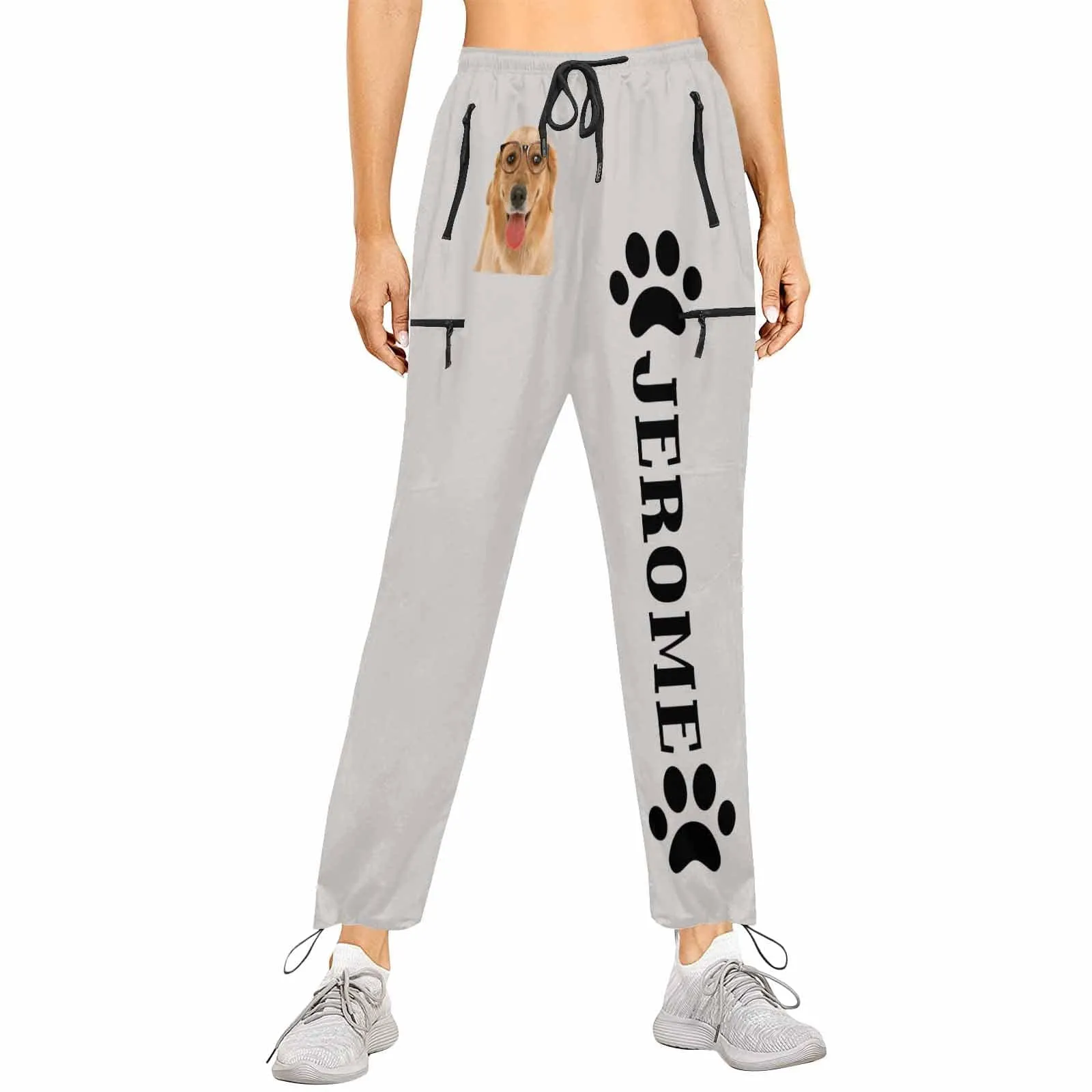 Custom Face&Name Quick Dry Pants with Puppy Picture Couple's All Over Print Casual Elastic Drawstring Pants