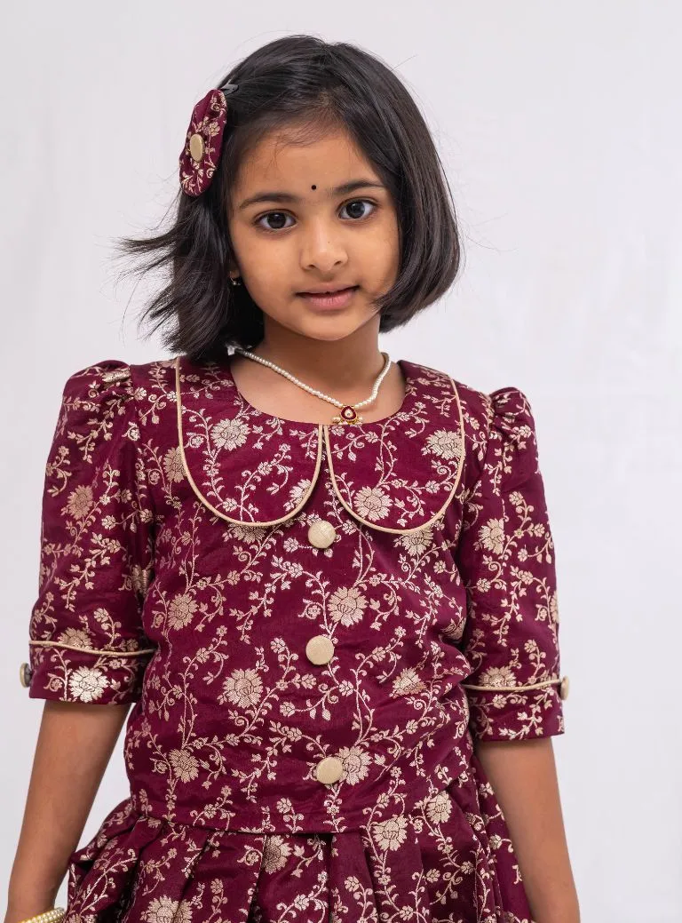 Dark Plum banaras chanderi brocade ghagra with Peter pan collared mutton sleeved choli for Girls
