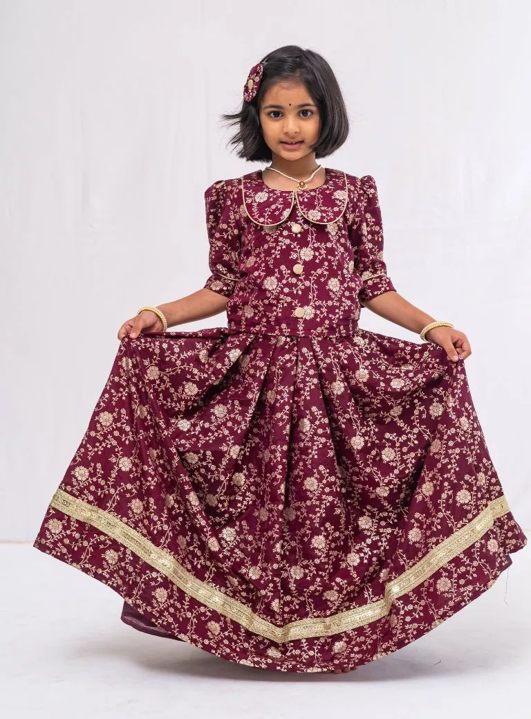 Dark Plum banaras chanderi brocade ghagra with Peter pan collared mutton sleeved choli for Girls