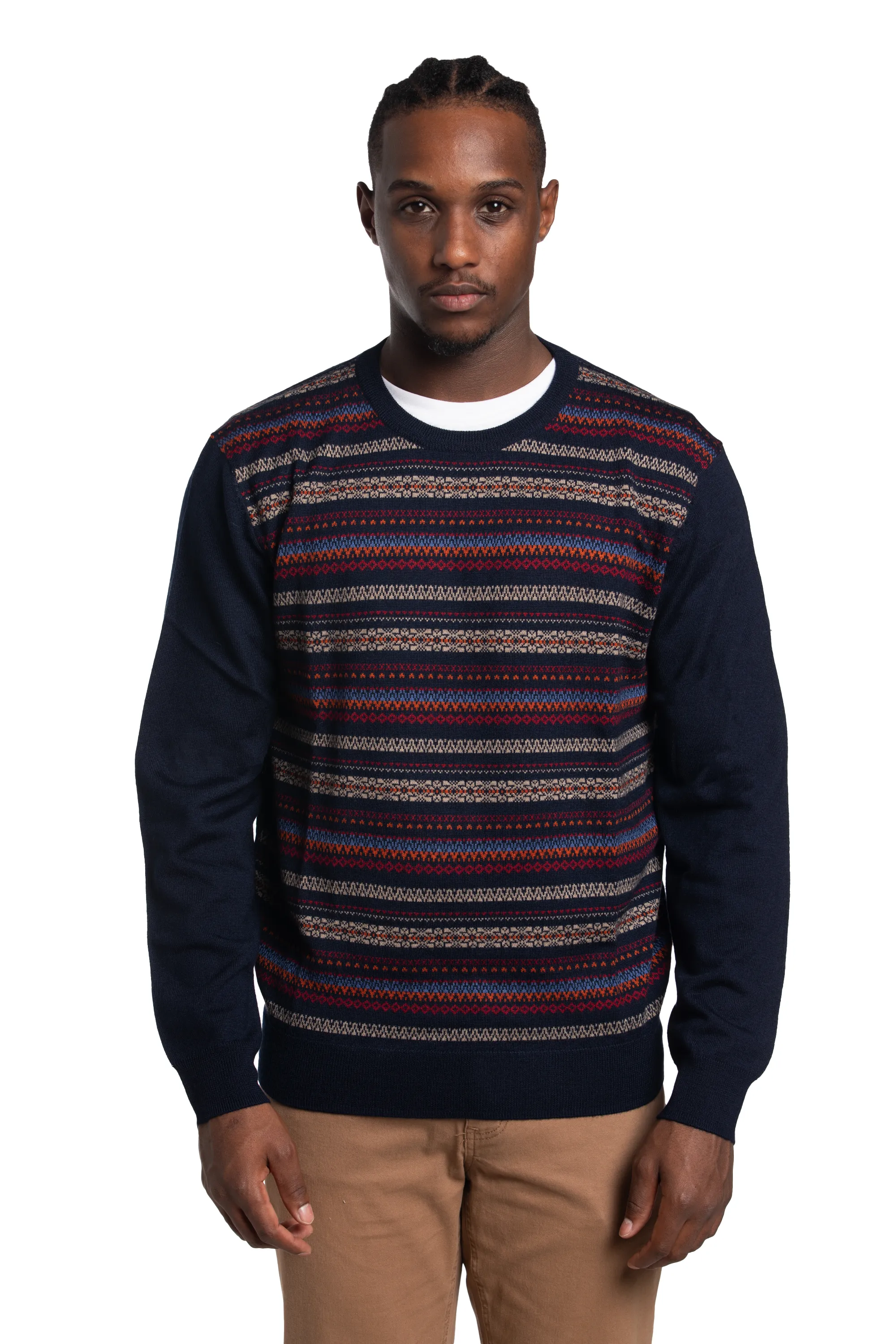 Fairisle Crewneck Merino Wool Blend Sweater in Navy