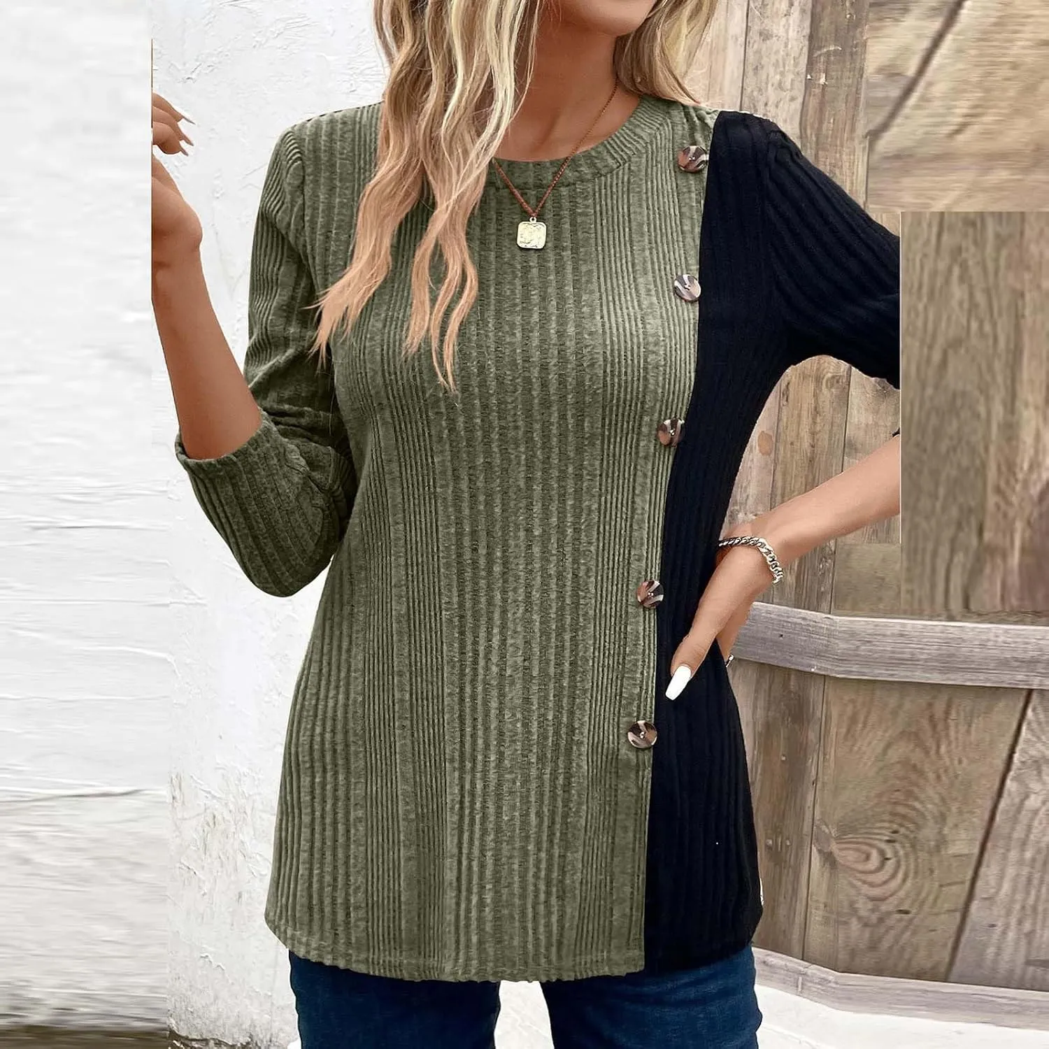 jovati Women's Casual Round Neck Tops Fashion Versatile Color Block Knit Sweater Loose Comfy Solid Long Sleeve Pullover